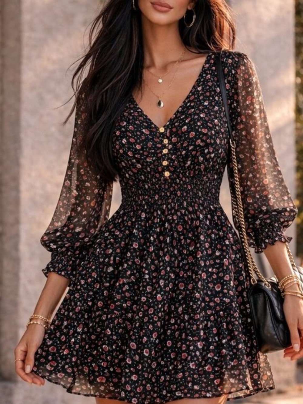 LOFT Ladybug Print Long Sleeve Smocked Dress Medium